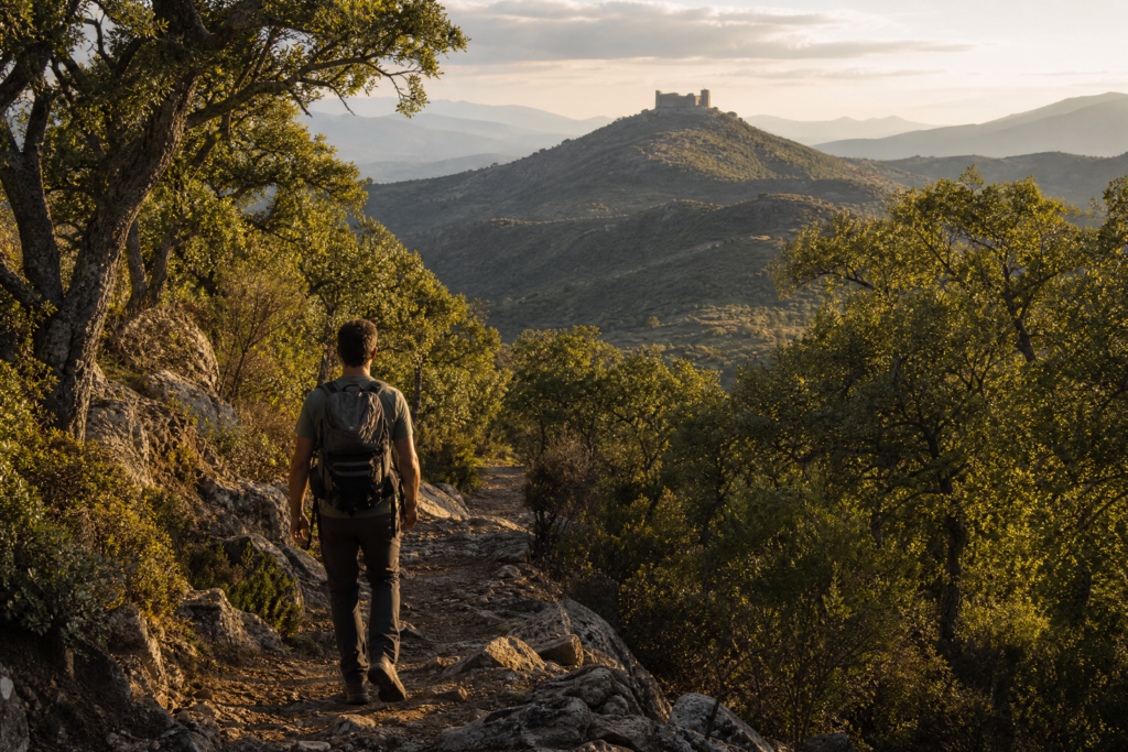Escursionista sul sentiero verso il Castello di Burgos